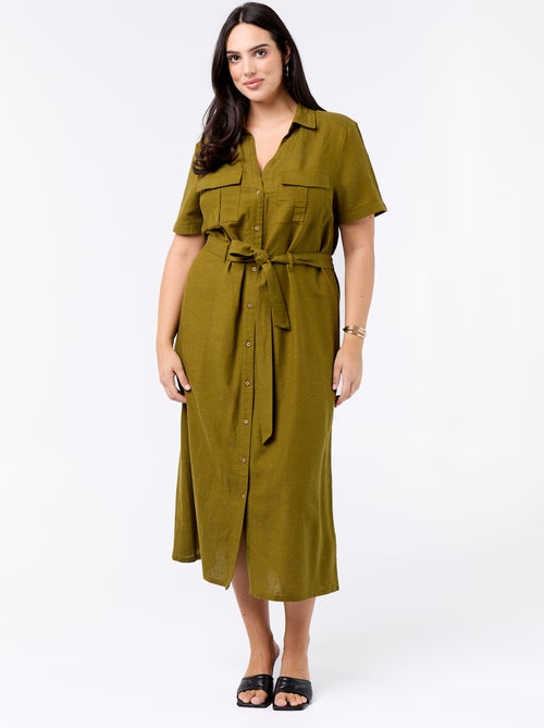 Vestido-camisa comprido com cinto de atar - Kiabi