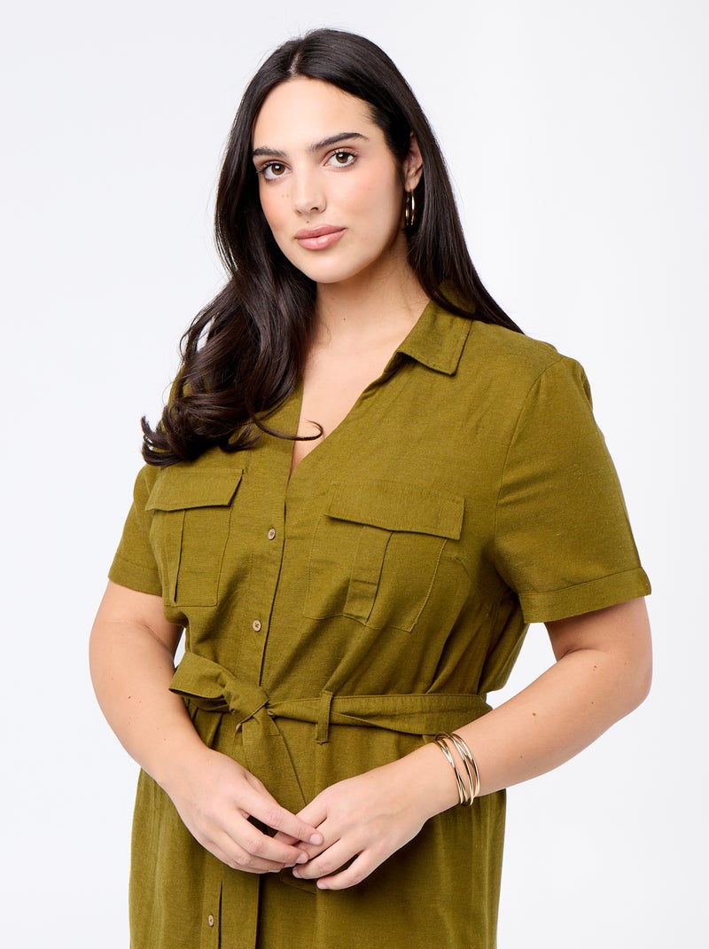 Vestido-camisa comprido com cinto de atar Verde - Kiabi