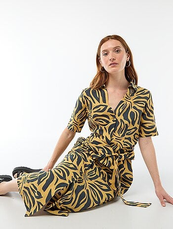 Vestido camisa comprido de manga curta em algodão e linho