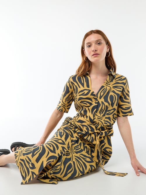 Vestido camisa comprido de manga curta em algodão e linho - Kiabi