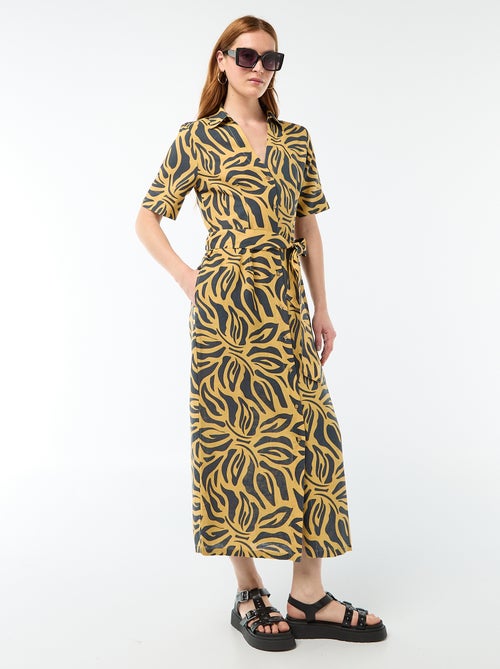 Vestido camisa comprido de manga curta em algodão e linho - Kiabi