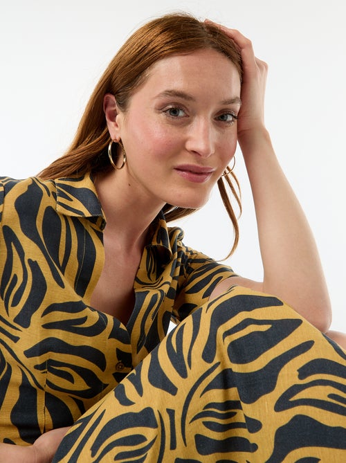 Vestido camisa comprido de manga curta em algodão e linho - Kiabi