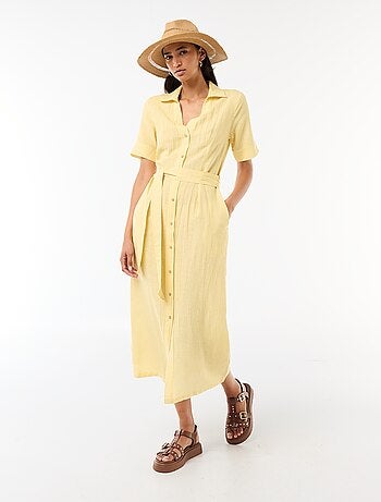 Vestido camisa comprido de manga curta em algodão e linho