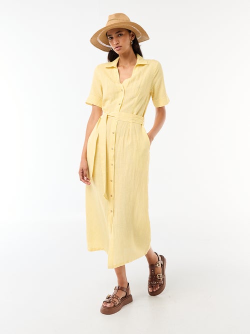 Vestido camisa comprido de manga curta em algodão e linho - Kiabi