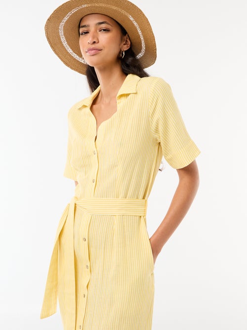 Vestido camisa comprido de manga curta em algodão e linho - Kiabi