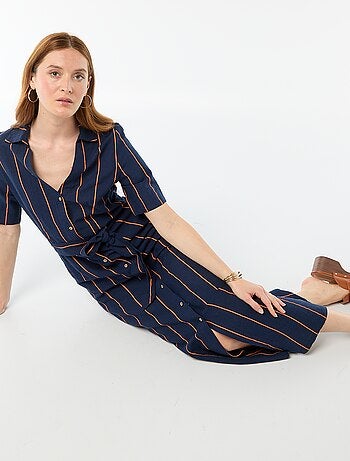 Vestido camisa comprido de manga curta em algodão e linho