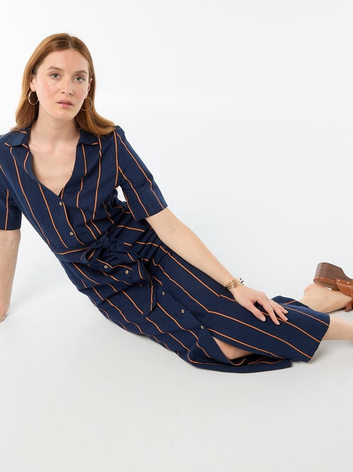 Vestido camisa comprido de manga curta em algodão e linho - Kiabi