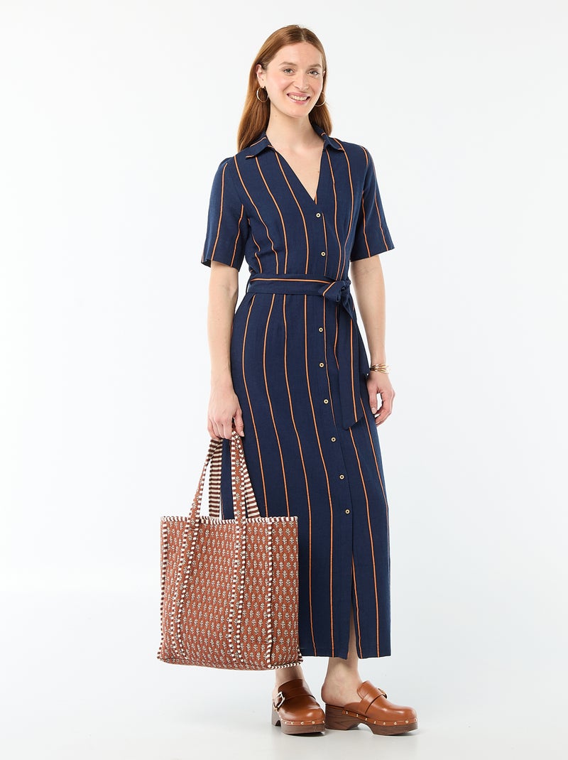 Vestido camisa comprido de manga curta em algodão e linho Azul - Kiabi