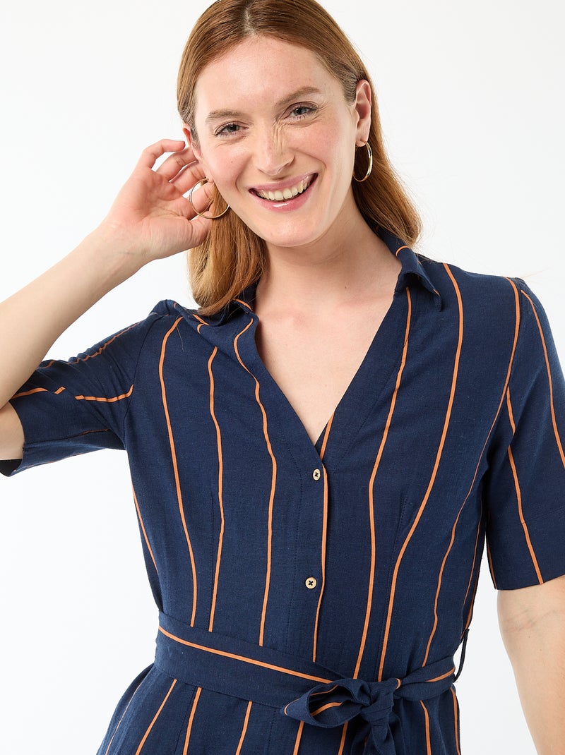 Vestido camisa comprido de manga curta em algodão e linho Azul - Kiabi