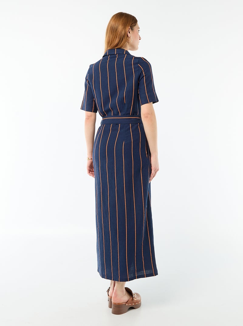 Vestido camisa comprido de manga curta em algodão e linho Azul - Kiabi