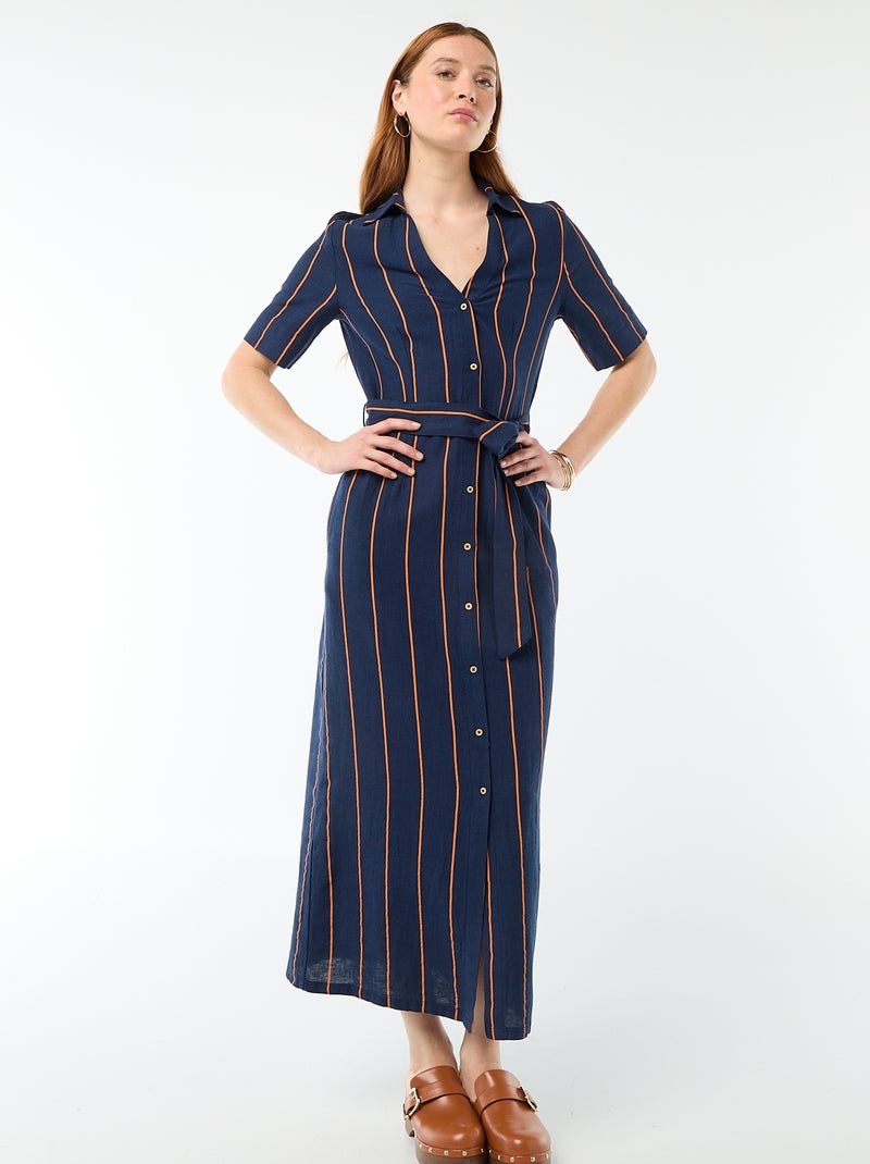 Vestido camisa comprido de manga curta em algodão e linho Azul - Kiabi