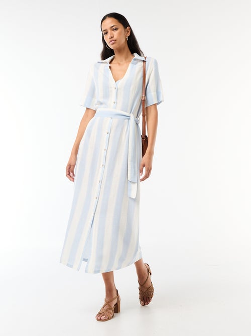 Vestido camisa comprido de manga curta em algodão e linho - Kiabi