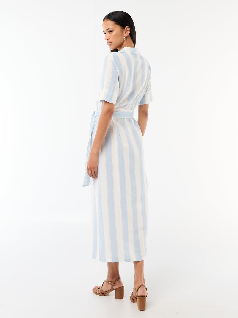 Vestido camisa comprido de manga curta em algodão e linho Azul - Kiabi