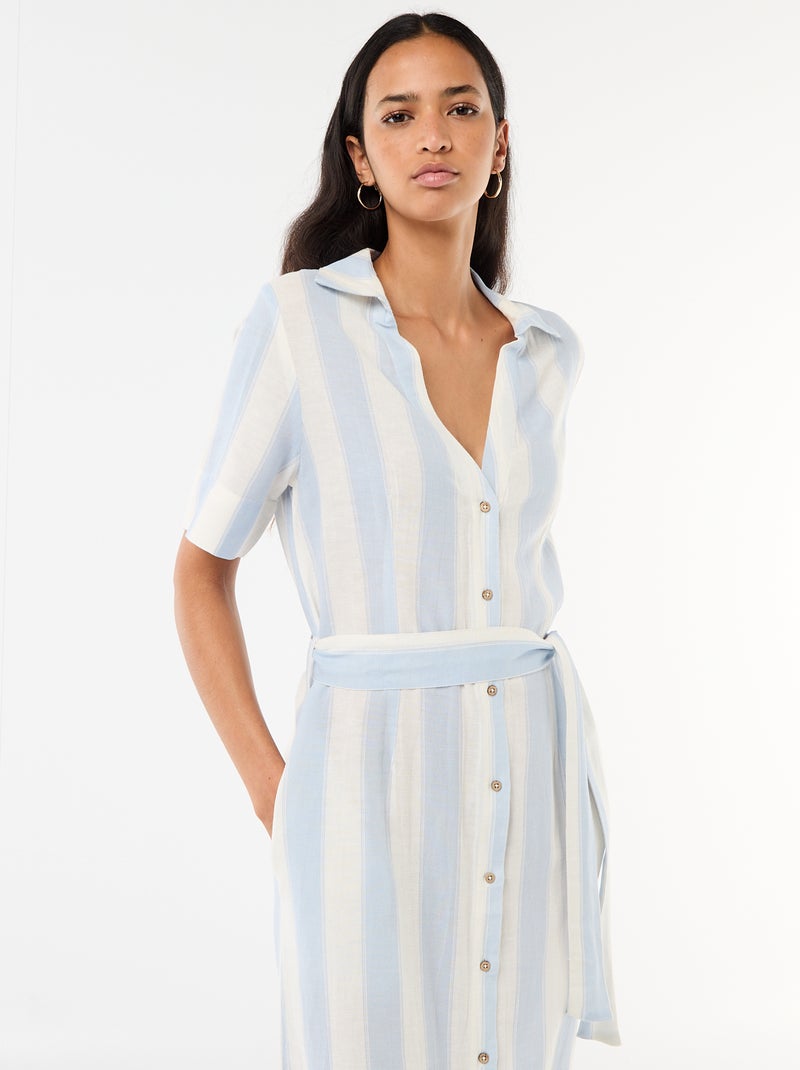 Vestido camisa comprido de manga curta em algodão e linho Azul - Kiabi