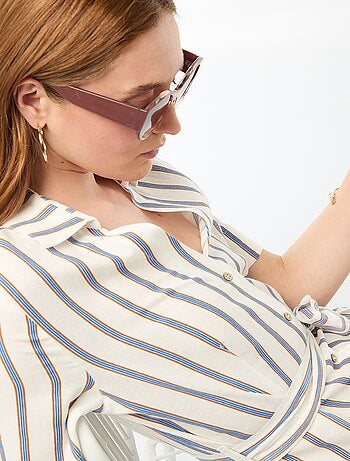 Vestido camisa comprido de manga curta em algodão e linho