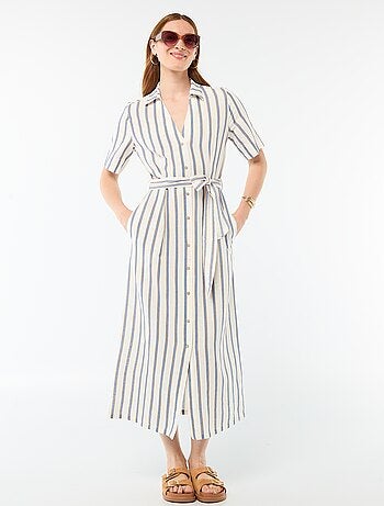 Vestido camisa comprido de manga curta em algodão e linho