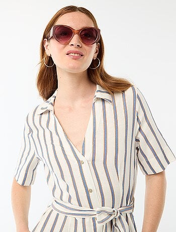 Vestido camisa comprido de manga curta em algodão e linho