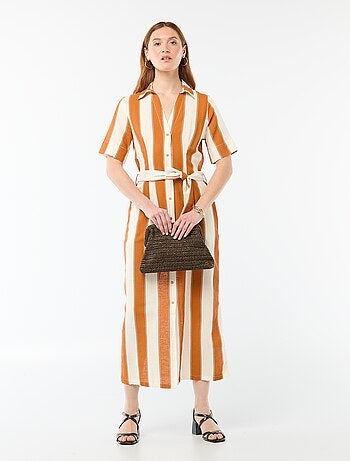 Vestido camisa comprido de manga curta em algodão e linho