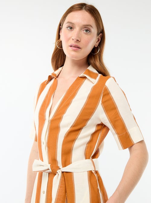 Vestido camisa comprido de manga curta em algodão e linho - Kiabi