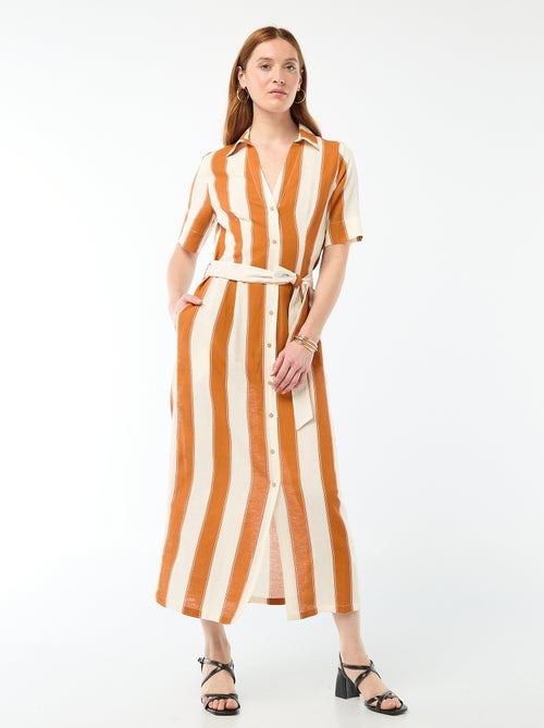 Vestido camisa comprido de manga curta em algodão e linho - Kiabi