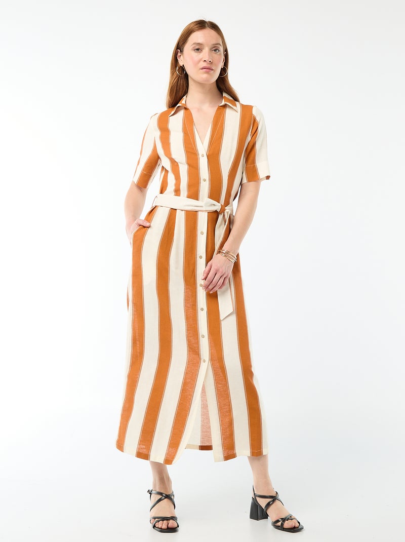 Vestido camisa comprido de manga curta em algodão e linho Rosa - Kiabi