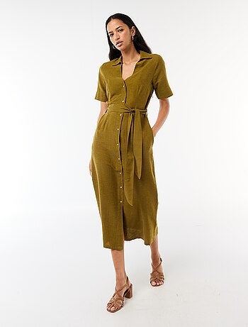 Vestido camisa comprido de manga curta em algodão e linho