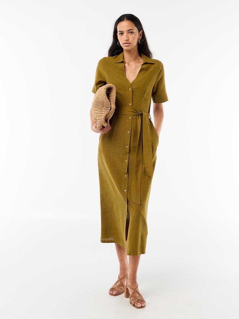 Vestido camisa comprido de manga curta em algodão e linho Verde - Kiabi