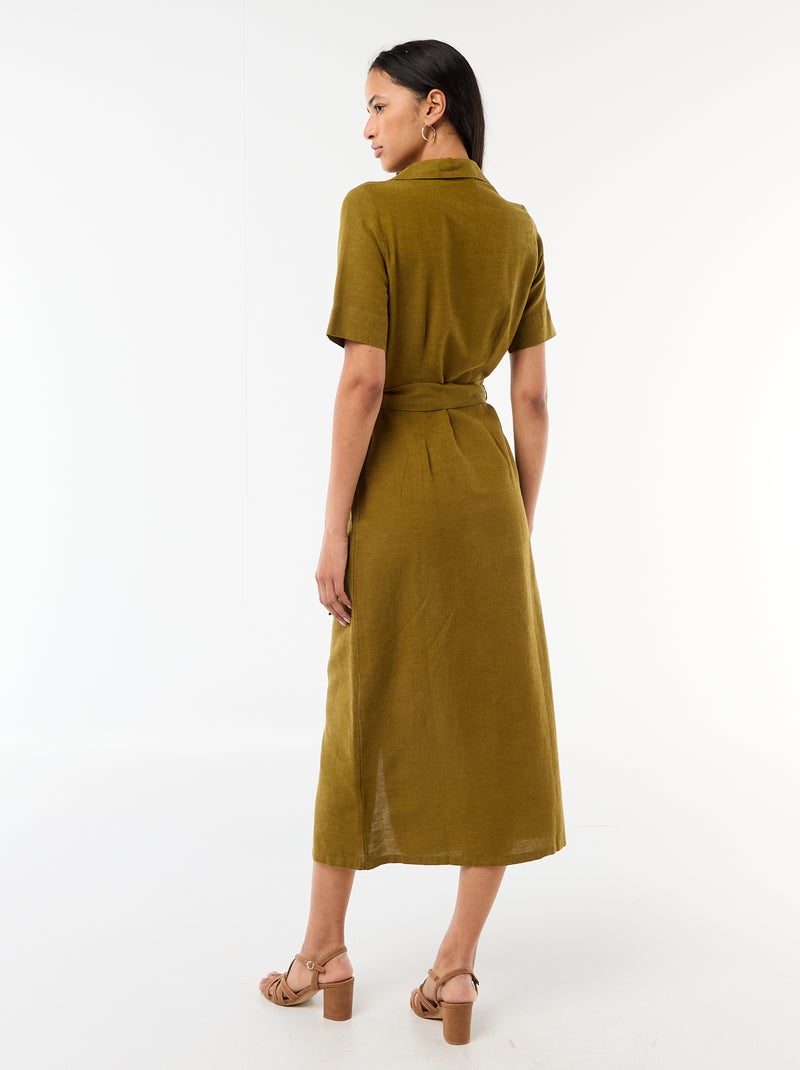 Vestido camisa comprido de manga curta em algodão e linho Verde - Kiabi