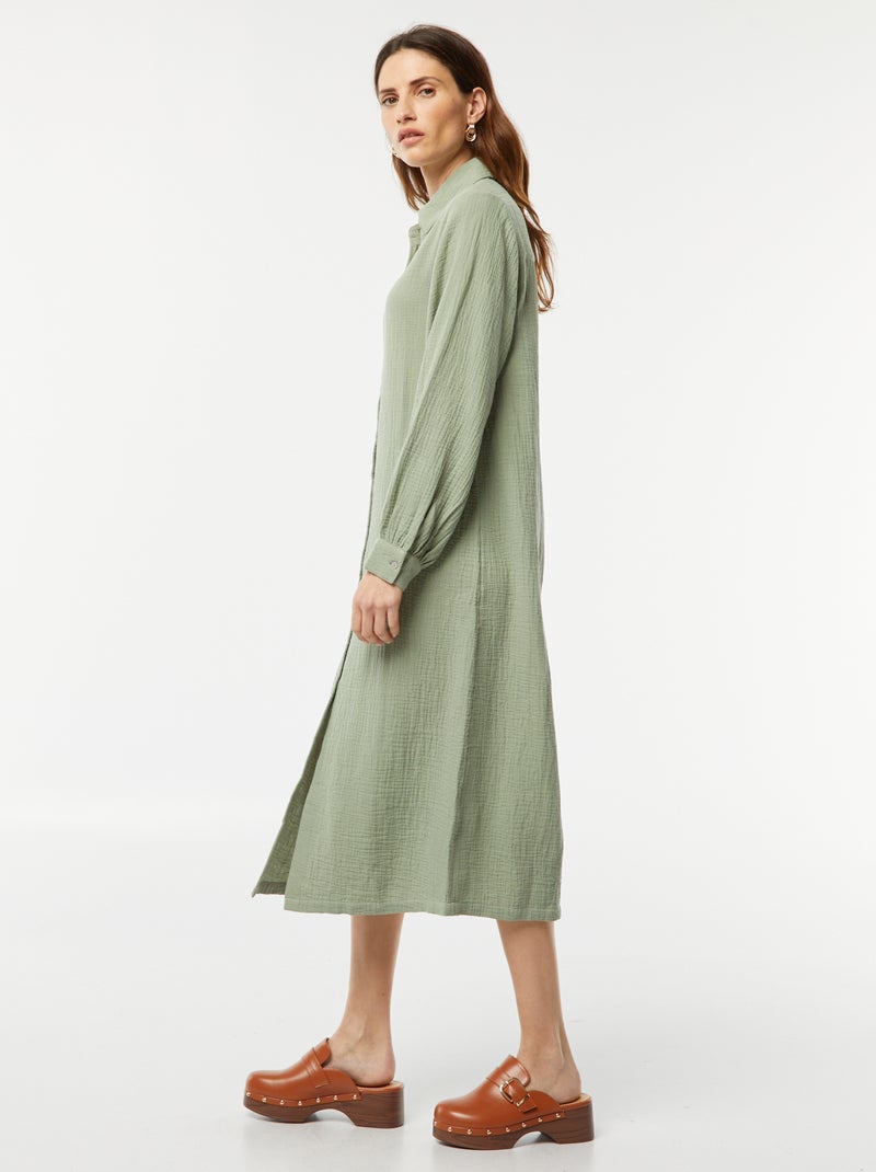 Vestido-camisa comprido em dupla gaze de algodão AZUL - Kiabi
