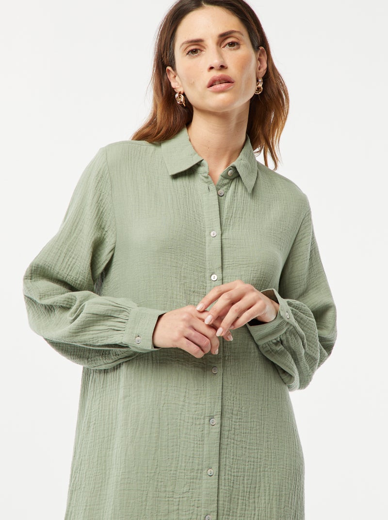 Vestido-camisa comprido em dupla gaze de algodão AZUL - Kiabi