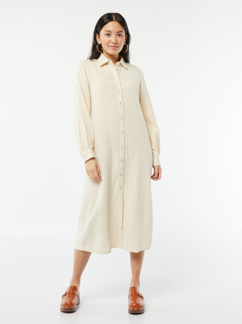 Vestido-camisa comprido em dupla gaze de algodão BEGE - Kiabi