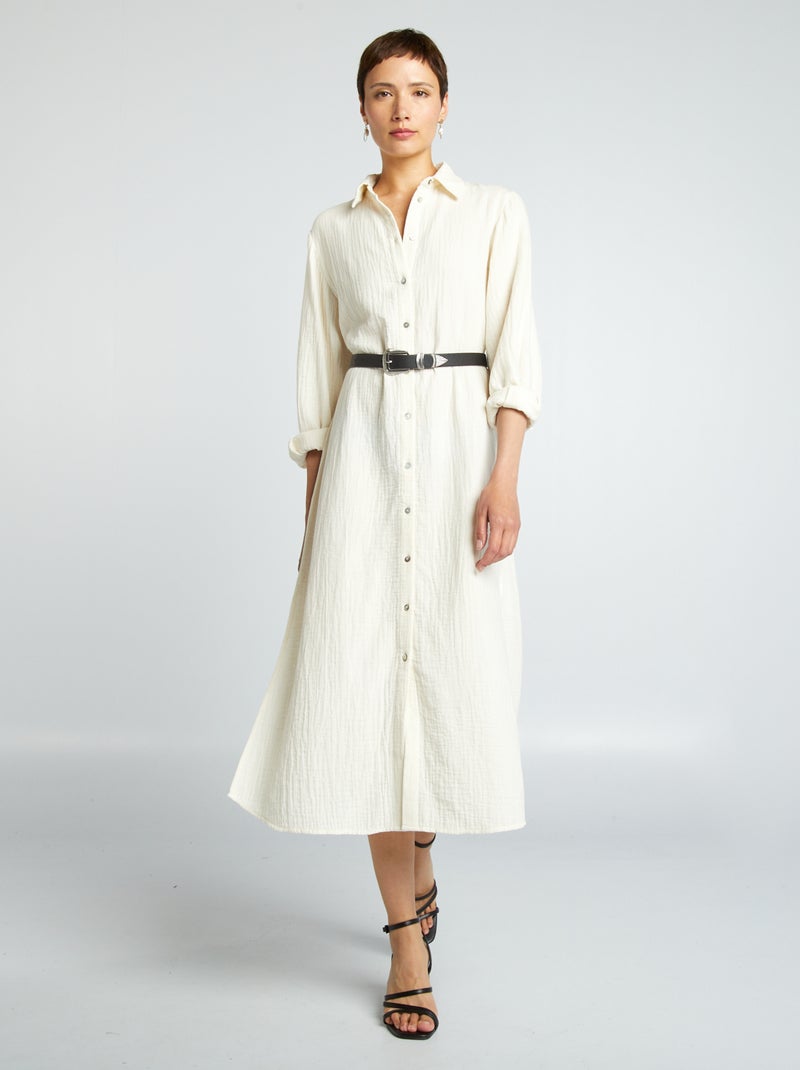 Vestido-camisa comprido em dupla gaze de algodão BRANCO - Kiabi