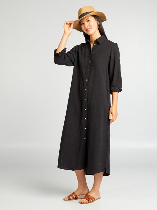 Vestido-camisa comprido em dupla gaze de algodão - Kiabi