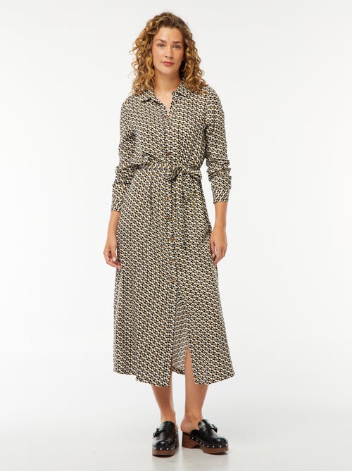 Vestido-camisa comprido estampado com cinto - Kiabi
