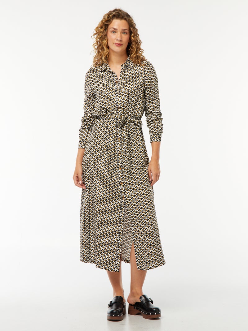 Vestido-camisa comprido estampado com cinto Bege - Kiabi