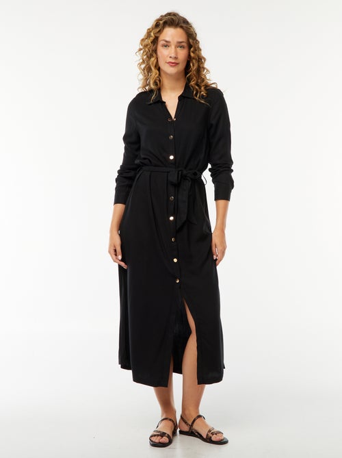 Vestido-camisa comprido estampado com cinto - Kiabi