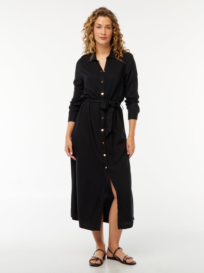 Vestido-camisa comprido estampado com cinto Preto - Kiabi