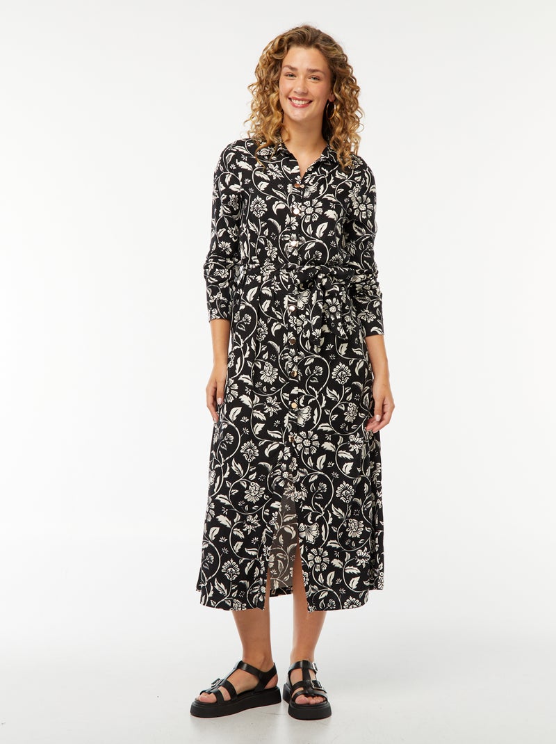 Vestido-camisa comprido estampado com cinto Preto - Kiabi