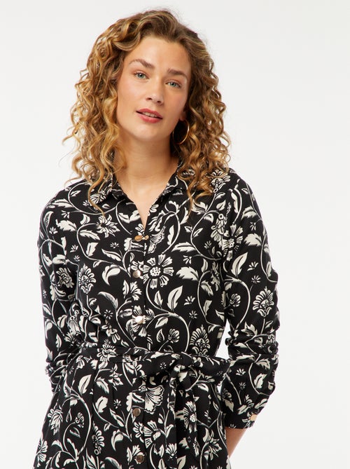 Vestido-camisa comprido estampado com cinto - Kiabi