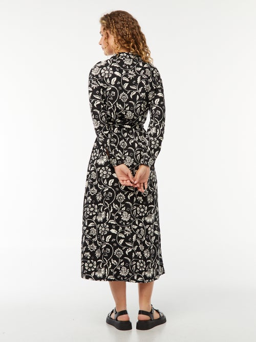 Vestido-camisa comprido estampado com cinto - Kiabi