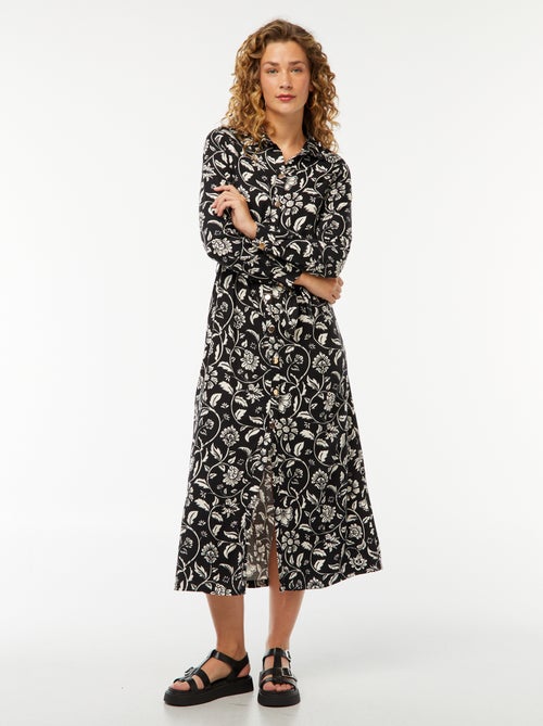 Vestido-camisa comprido estampado com cinto - Kiabi