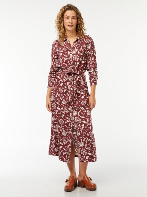 Vestido-camisa comprido estampado com cinto - Kiabi