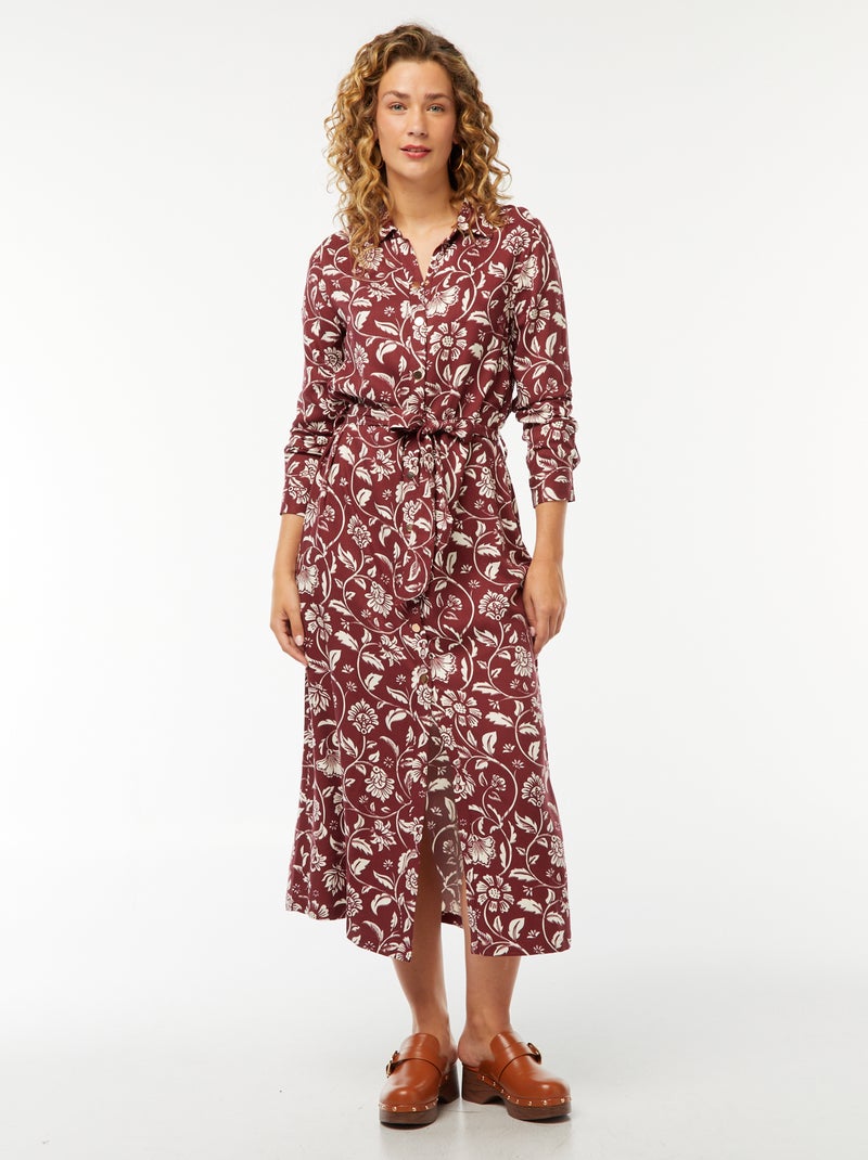 Vestido-camisa comprido estampado com cinto Vermelho - Kiabi