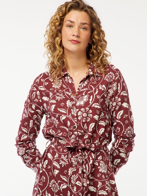 Vestido-camisa comprido estampado com cinto - Kiabi