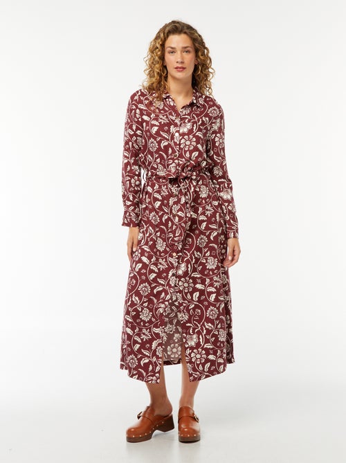 Vestido-camisa comprido estampado com cinto - Kiabi