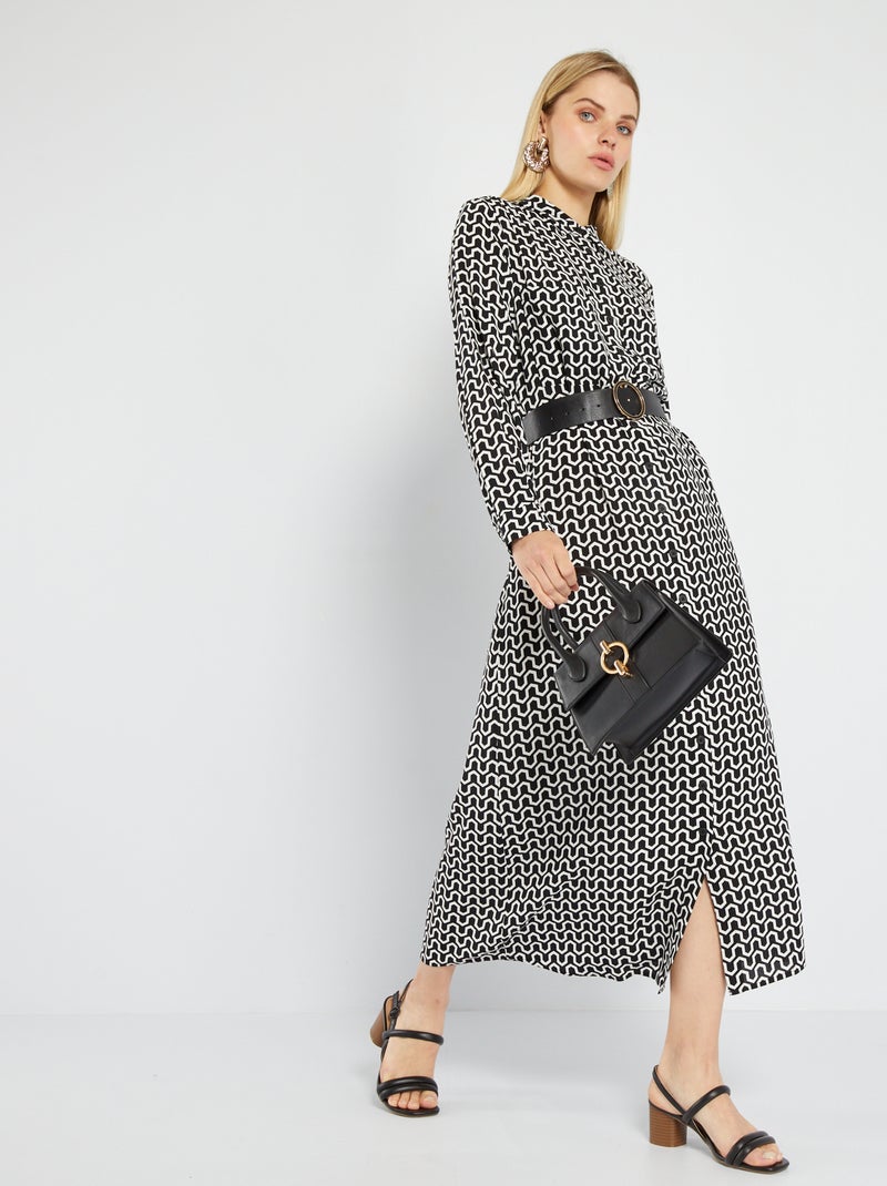 Vestido-camisa comprido estampado PRETO - Kiabi