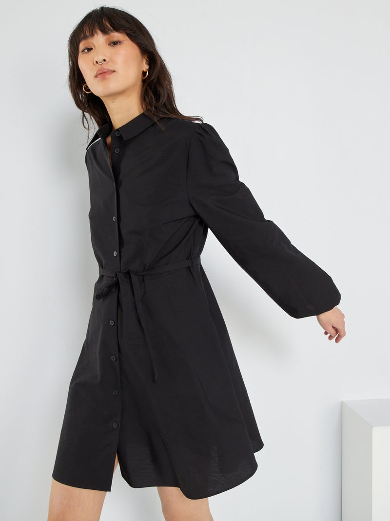 Vestido-camisa curto cintado Preto - Kiabi