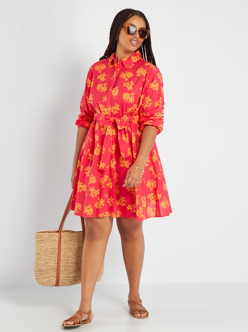 Vestido-camisa curto cintado ROSA - Kiabi