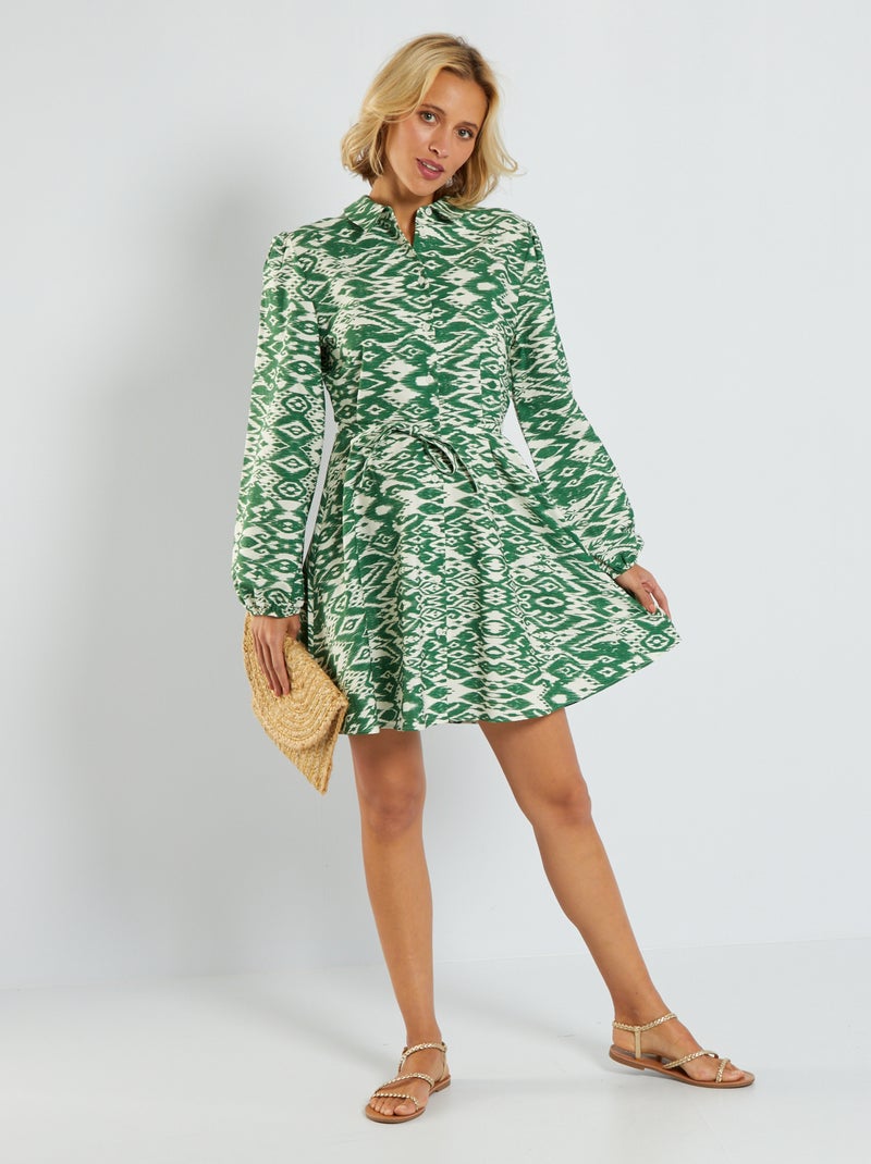 Vestido-camisa curto cintado VERDE - Kiabi