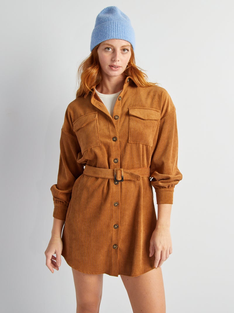 Vestido-camisa curto de bombazina com cinto CASTANHO - Kiabi